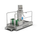 Pass through washing machine for boots and soles and hand disinfection with a turn style cross