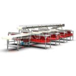 Cutting and selection lines for red meat with modular and smooth impregnated belts made of artificial material